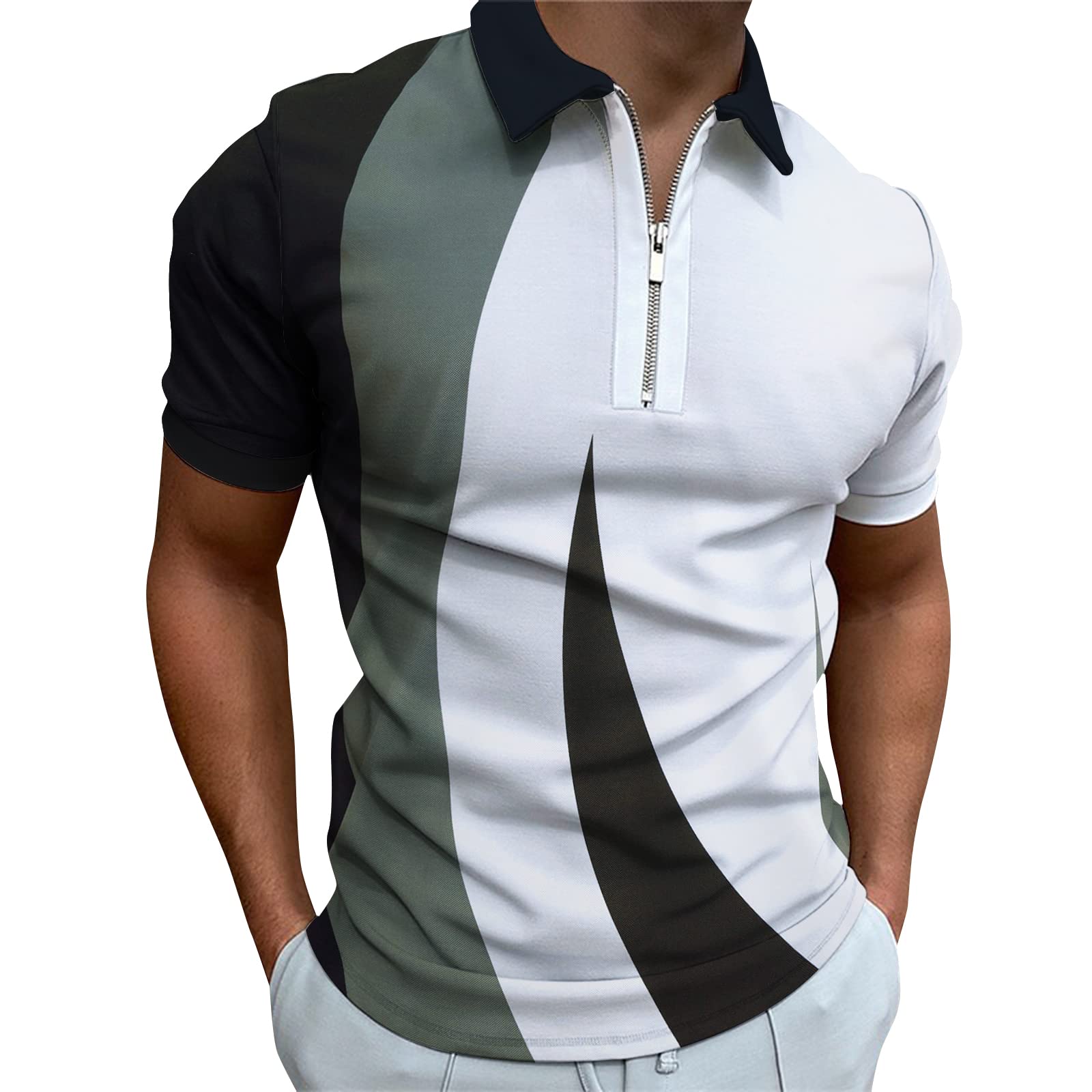 IdgreatimMens Zipper Polo Shirts Short Sleeve Casual Slim Fit Athletic Tennis Golf Polos T-Shirt Tops