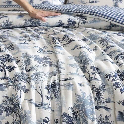 Image of Eddie Bauer - King Comforter Set, Super Soft Reversible Bedding with Matching Shams, Buffalo Check Reverse, Rustic Inspired Room Essentials (Vintage Forest Toile Blue, King)