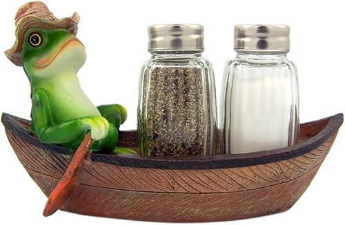 Croak Creek - Figura de resina de canoa de rana en canoa con soporte para salero y pimentero de cristal, 7 pulgadas