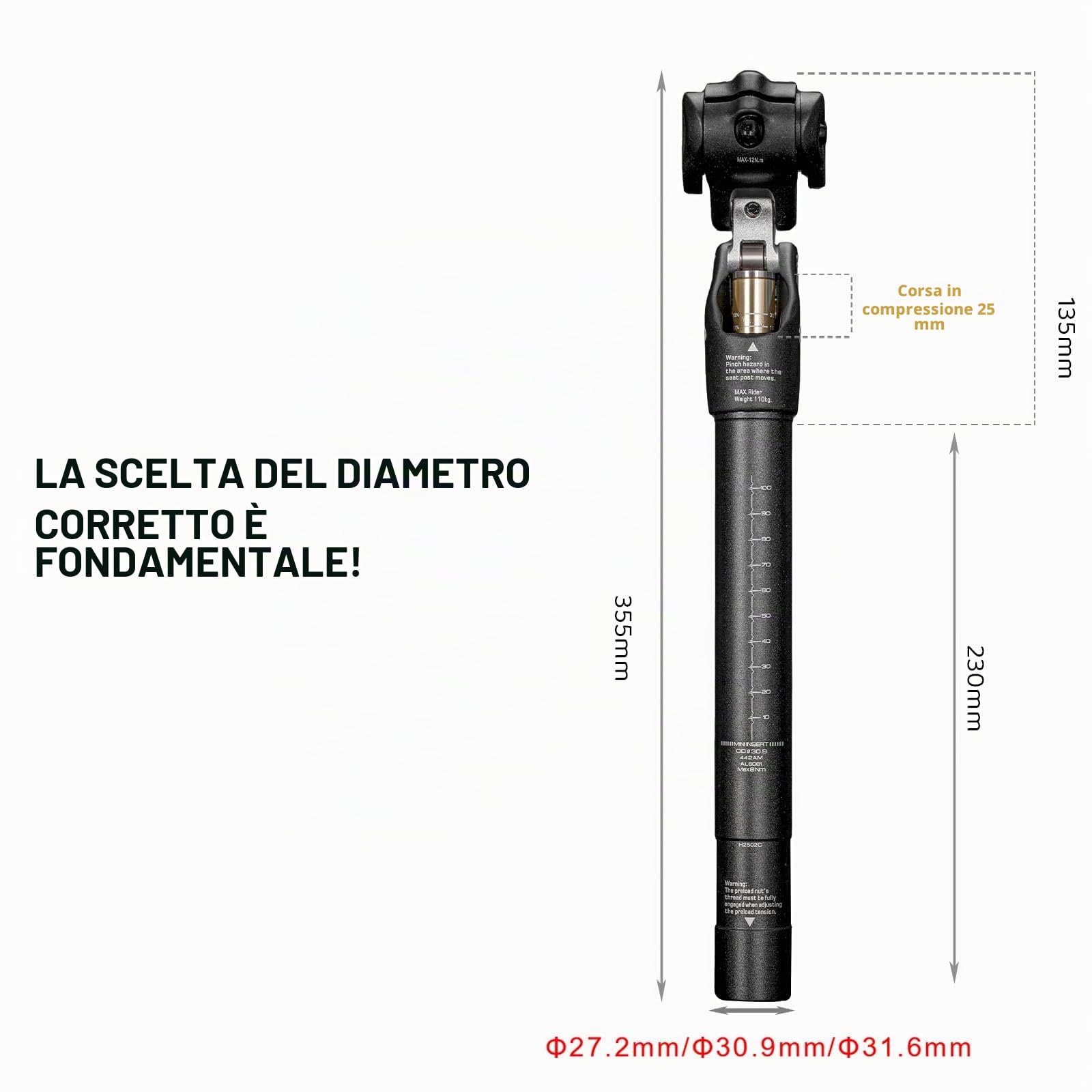 JFOYH Reggisella Ammortizzato SP442 per Bici – 27.2/30.9/31.6 mm, Assorbimento Urti Regolabile per MTB, Gravel, City Bike ed E-Bike, Supporta Fino a 110 kg