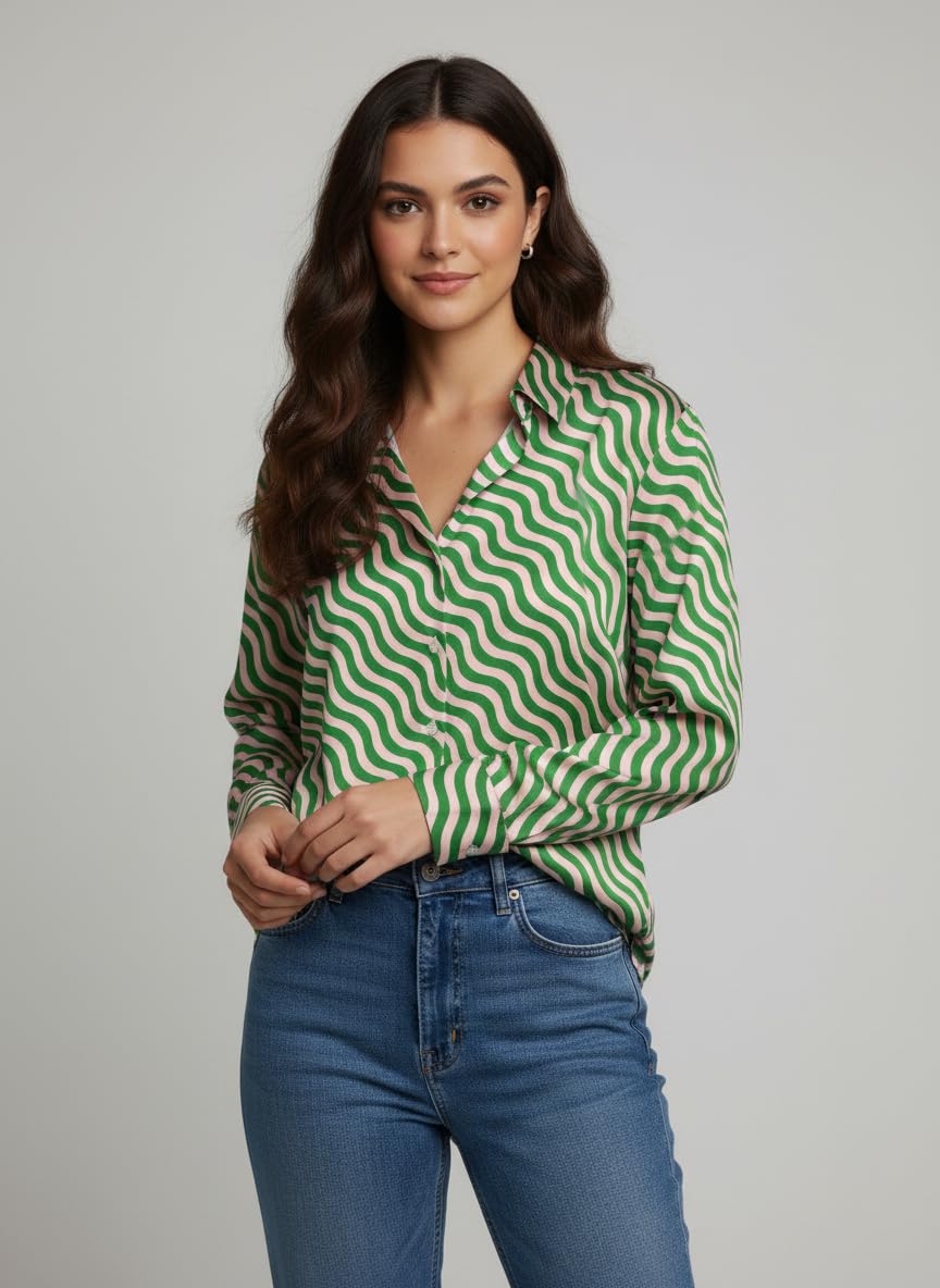 ANNI Designer Bedrucktes Damenhemd aus Baumwollmischgewebe, langärmelig, normale Passform, Hemdkragen, legere Bürokleidung, elegante Western-Kleidung für den Alltag, Hochzeit, Party