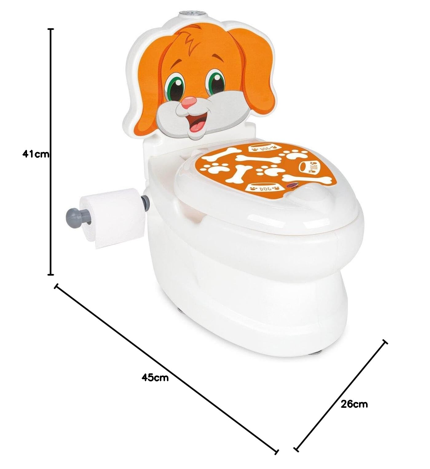 JAMARA 460959 Meine kleine Toilette Pies z dźwiękiem spłukiwania i uchwytem na papier toaletowy, łatwy do czyszczenia, zaokrąglone krawędzie, przyssawki zapewniają dobrą przyczepność, kolor biały