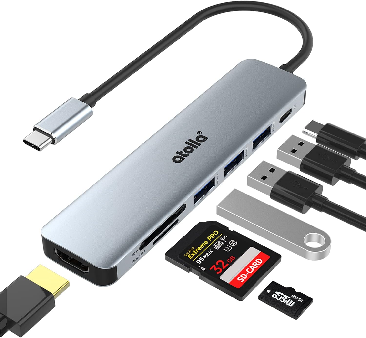 USB C Hub, atolla 7-in-1 Type C Hub with 4K HDMI Adapter, 100W Power Delivery Port, 3 USB 3.0 Ports, SD/TF Card Reader, USB C Multiport Adapter for MacBook Pro Air, Surface Pro, iPad Pro, XPS and more
