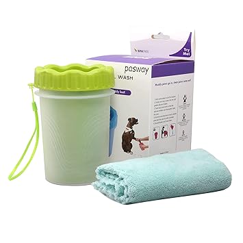 PASWAY Dog Paw Cleaner, Pet Paw Cleaning Cup with Soft Silicone Bristles and Towel for Dogs Cats Muddy Foot (Large-Green)