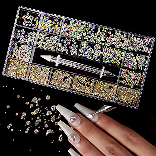 Nail Rhinestones Kit, 3400pcs Multi Shapes Crystal AB Rhinestones for Nails, Mix Size Flatback Round Nail Diamonds with Professional Wax Pen for Acrylic Nail Art Decoration(Crystal AB)