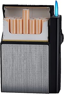 Cigarette Case with Lighter Full Pack 20 Regular,Automatic Ejection Cigarette Dispenser Case Box,Torch Lighter Jet Flame Refillable Butane Cigar Lighter,Silver
