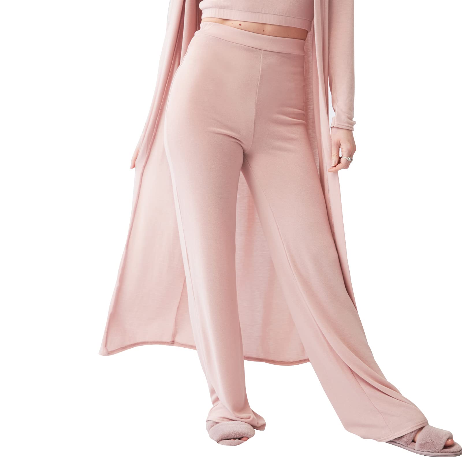 OHS Soft Jersey Comfortable Cosy Fleece High Waisted Womens Casual Trousers Loungewear Yoga Pants Flares, Blush Pink - Large