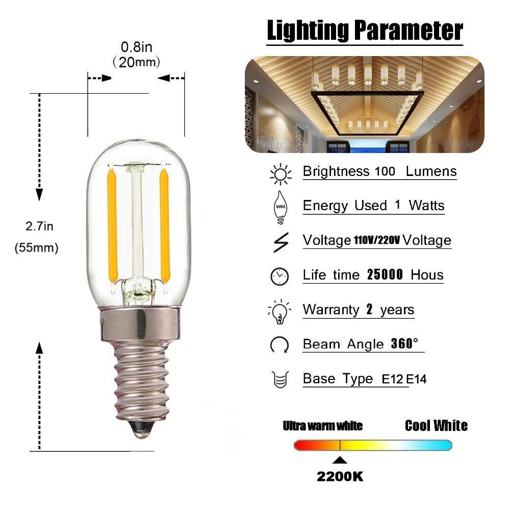 Illuminazione KJXP, Confezione da 25, Lampadina a filamento LED retrò T20 Lampada da frigorifero, Lampadina notturna con tubo dimmerabile 1W E14 AC220V