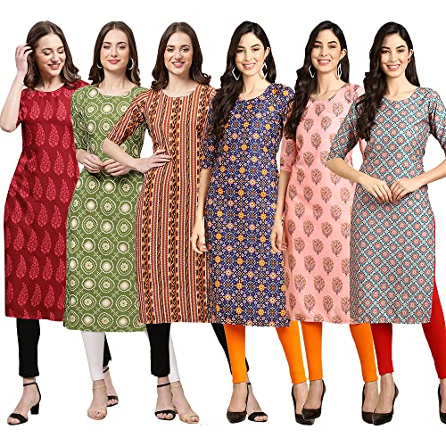 Image of Pinkmint Women's Crepe Digital Print Straight Kurta Pack of 6 [CR-336-370-344-343-328-366]