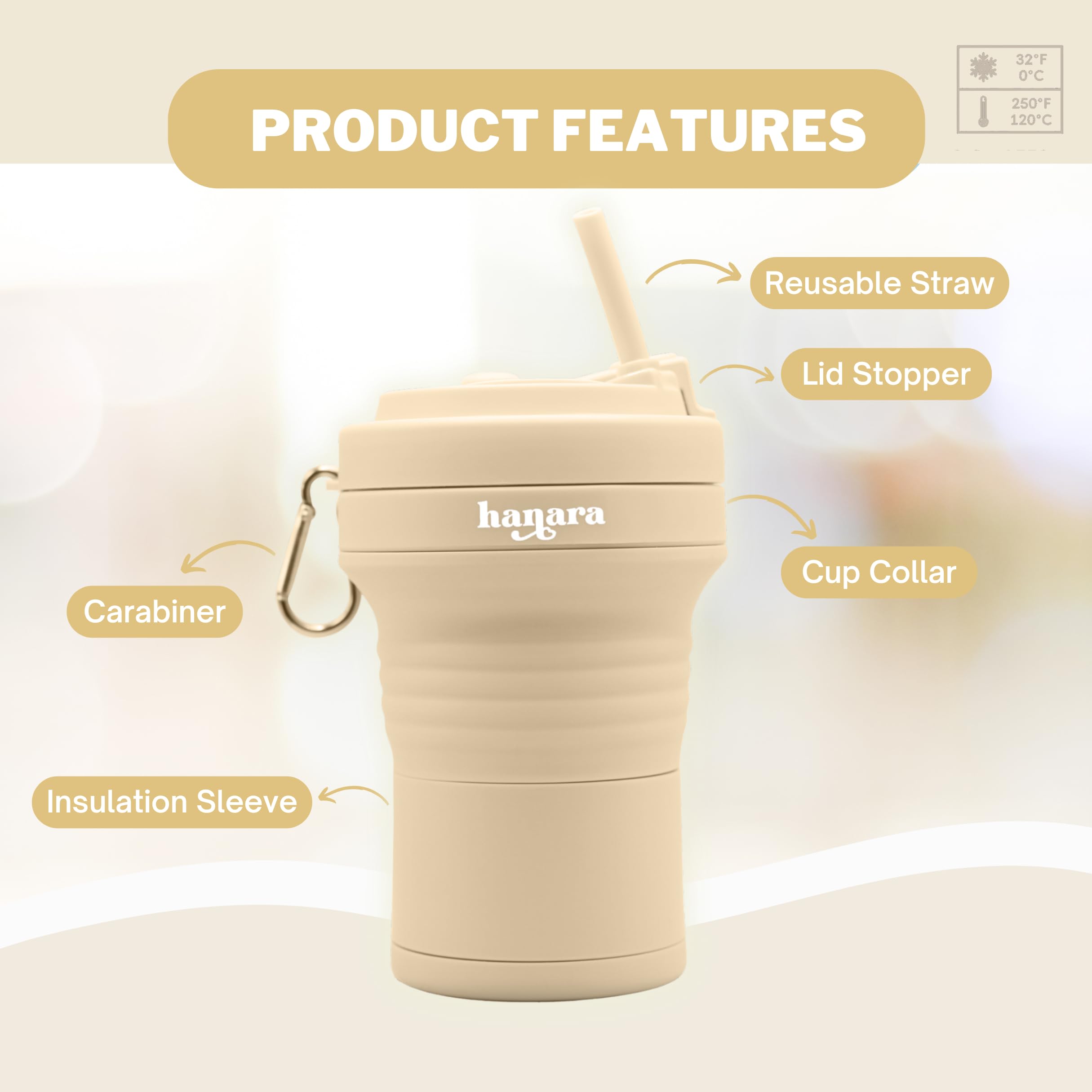 HANARA Tazas de café plegables con popote de silicona reutilizable, 550 ml, perfectas para viajes, camping, escuela, trabajo, sin BPA, a prueba de fugas, aptas para microondas y lavavajillas (beige)