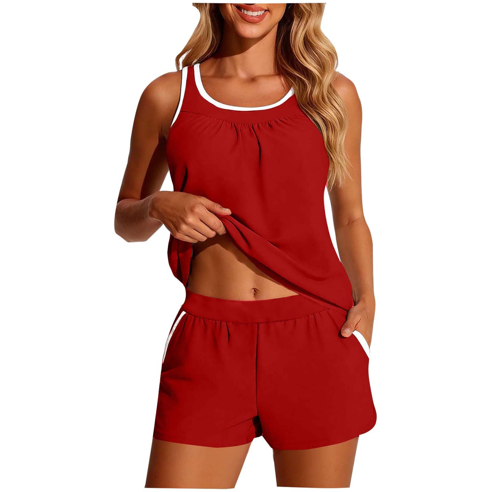 RLEHJN Damen Zweiteilige Tankini Set,Bauch Kontrolle Badeanzüge Sportliche Badeanzüge Push Up Zweiteiliger Badeanzug Gepolstert Bademode High Waist Badeanzug Bikini Sportlich