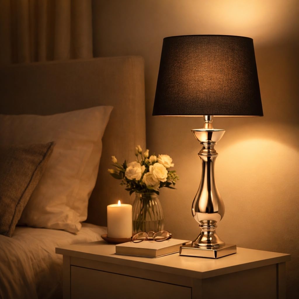 DRULINE Lovely Tischlampe 60 cm Tischleuchte Nachttischlampe mit Schwarzem Stoffschirm & Silbernem Keramikfuß mit Kabelschalter für Schlafzimmer, Wohnzimmer, Büro Dekolampe E27, Leselampe