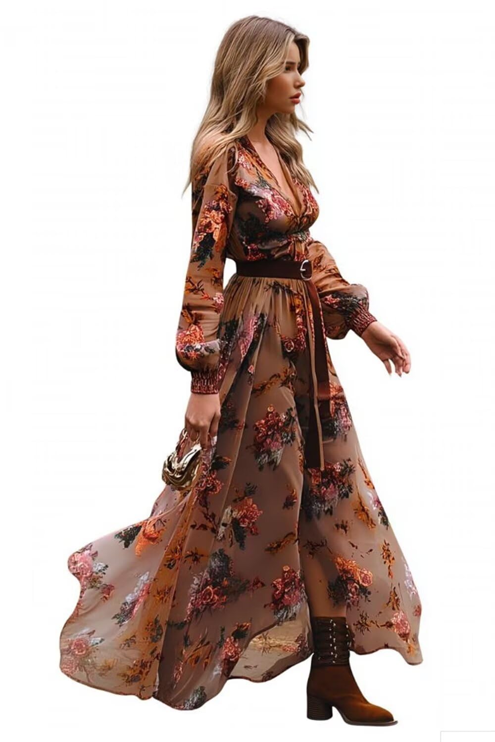 Women's Vintage Pastoral Flower Long Dress Long Sleeve Western Dress Fall Casual Maxi Dresses