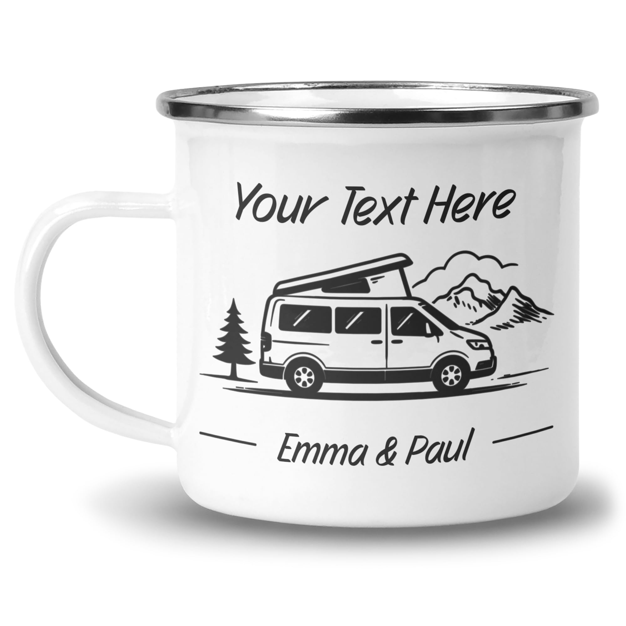 Chicken Craft Personalised Campervan Enamel Mug with Name - Pop Top Custom Grey Design - Camping Gift