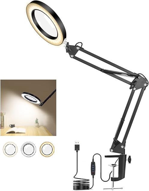 Magnifying Lamp Toolour LED Desk Lamps, Clamp on Lamp, 5X Magnification, Reading Lamp with Clamp, Metal Swing Arm Magnifier for Reading, Office, Rework Crafts