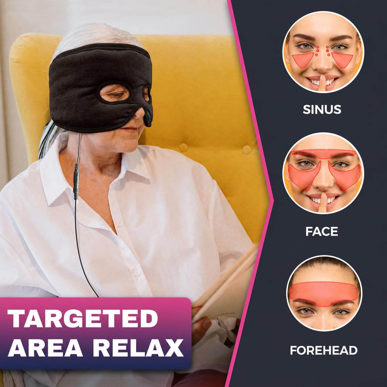 Feuchte Hitze Sinus Druckentlastung Maske mit 3 Heizstufen, Extra großes Gesichtsheizkissen für Augen, Sinusitis, Hormon Migräne, Verspannungen Kopfschmerzen Linderung Schwarz