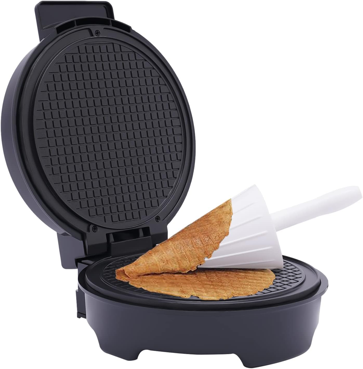 Gofrera de 1200 W para helados, cuernos y gofres, termostato ajustable, revestimiento antiadherente, acero inoxidable con forma de cono