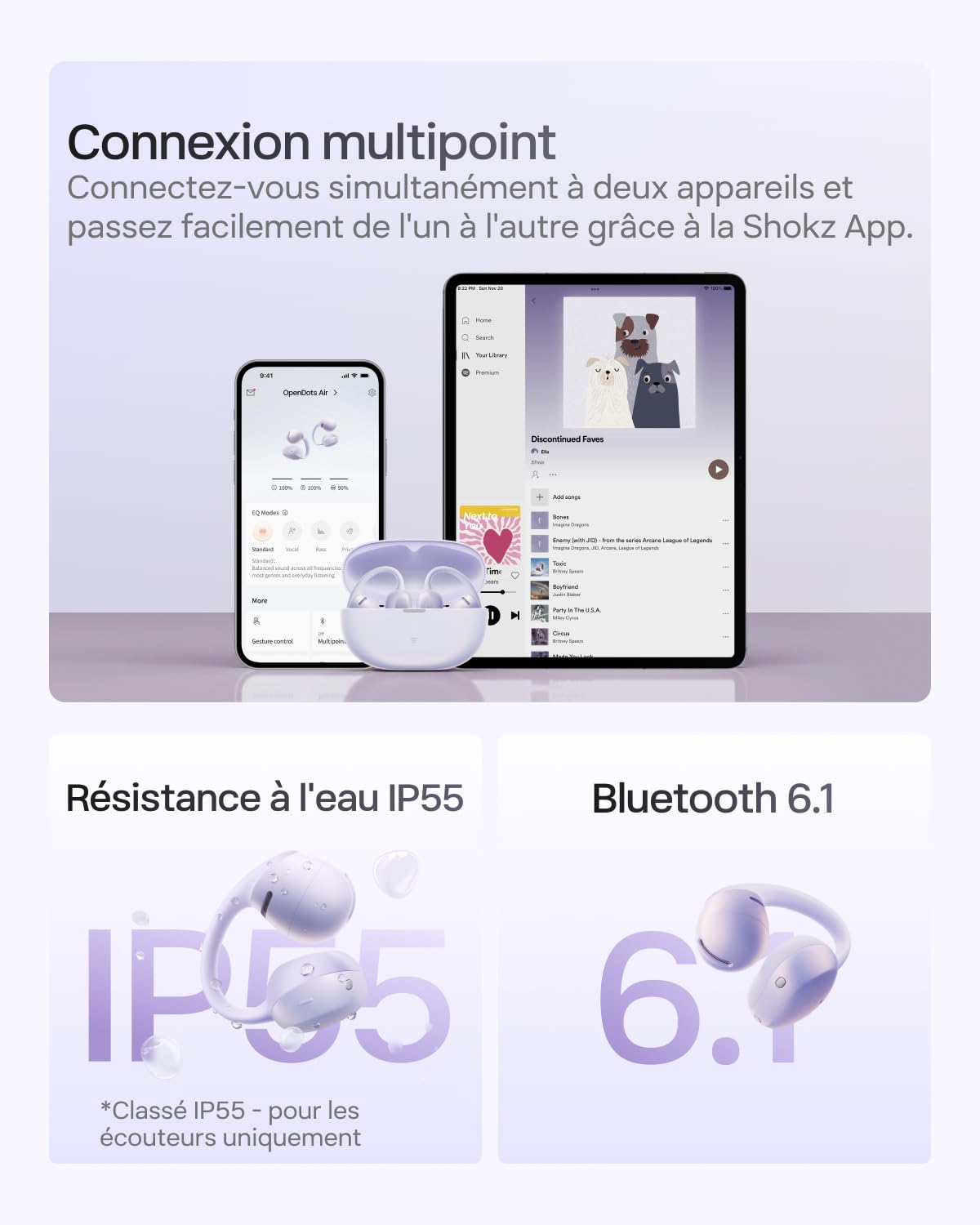 SHOKZ OpenDots Air Écouteurs sans Fil Clip-on à Oreilles Libres, 6,3 g, Maintien Sécurisé, Bluetooth 6.1, Basses Profondes, 36 h d'autonomie, Appels avec Réduction du Bruit par IA, IP55, Violet
