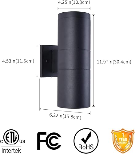 Miniatura 2 de mirrea Lámpara moderna para porche al aire libre en 2 luces con cilindro de aluminio negro mate y cubierta de vidrio templado, aplique de pared