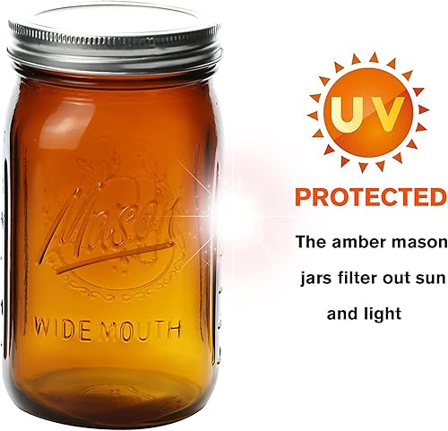 Miniatura 3 de Tarros de vidrio ámbar de boca ancha de 32 onzas (paquete de 6) – sin BPA, herméticos, resistentes a las fugas, tarros Mason de cuarto de galón para