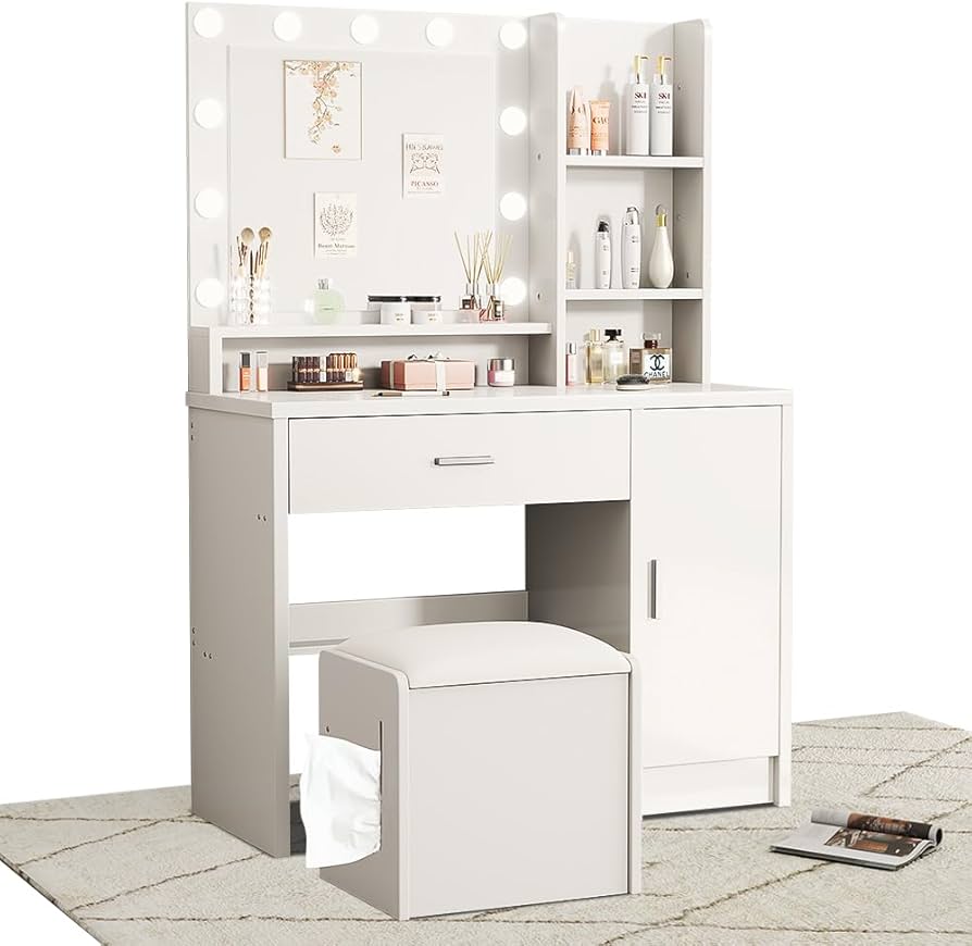 【限定セール】A08新品ドレッサー コンパクト 三色LEDライト女優ミラー 鏡台 Amazon｜ドレッサー コンパクト テーブル 幅員90cm 女優ミラー付き 3色