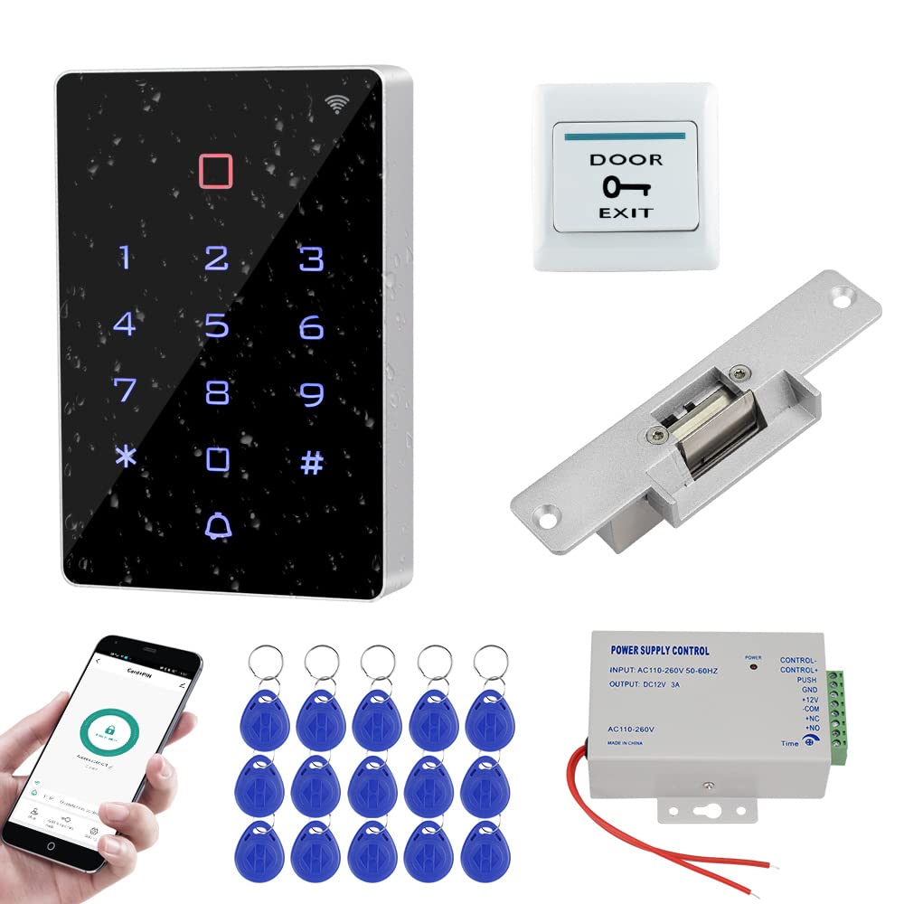 Wifi Tuya Door Access Control System Kit Sets IP68 Waterproof RFID Keyboard + DC12V Power Supply Controller + NC Fail Safe Electric Strike Lock + 15pcs 125KHz Keyfobs