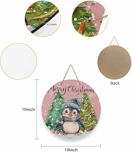 Miniatura 6 de Letrero de bienvenida de temporada para puerta delantera, árbol de Navidad, pingüino, corona de madera redonda, gris, letrero colgante de pared para