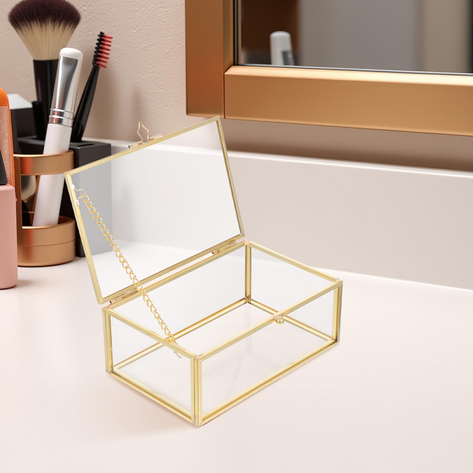 Boîte à Bijoux Verre Transparent avec Cadre Doré Boîte à Souvenirs Décorative et Organisateur pour Bijoux, Fragrances et Maquillage Structure Anti-poussière Rangement Élégant pour