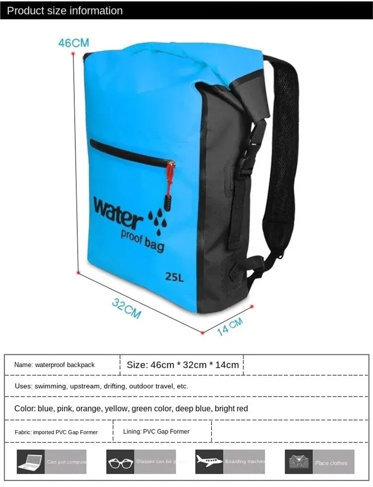 Borsa Nuoto Borsa impermeabile per escursioni, kayak, canottaggio, canoa, nuoto, campeggio, zaino resistente all'acqua(Blue)