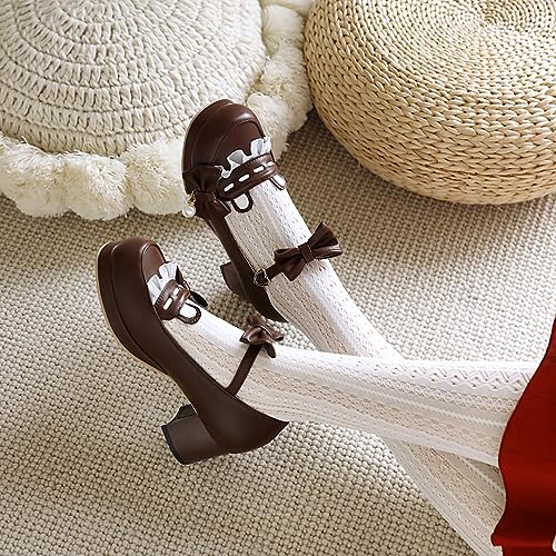 Women's Lolita Mary Jane Heels with Bow, Kawaii Chunky Block Ankle Strap Cosplay Shoes, Cute Dress Platform Mary Jane Pumps4