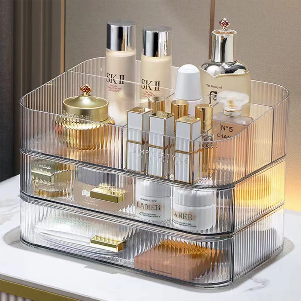 Clear Makeup Organizer for Vanity, Large Desk Organizer with Stackable Drawers for Cosmetics, Skincare, Lipsticks, Eyeshadow Palette, Nail Care, Ideal Storage for Dresser and Bathroom Countertop 1 Tray + 2 Drawer Clear