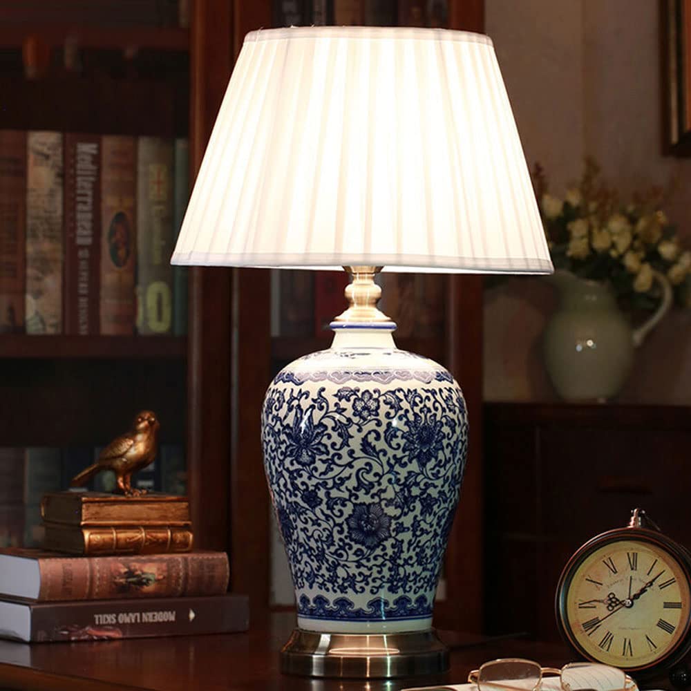 SGKOMN Jingdezhen 22.8" Chinoiserie Ceramic Table Lamp Traditional Blue And White Porcelain Bedside Desk Nightstand Lamp For Bedroom Living Room Office College Bookcase