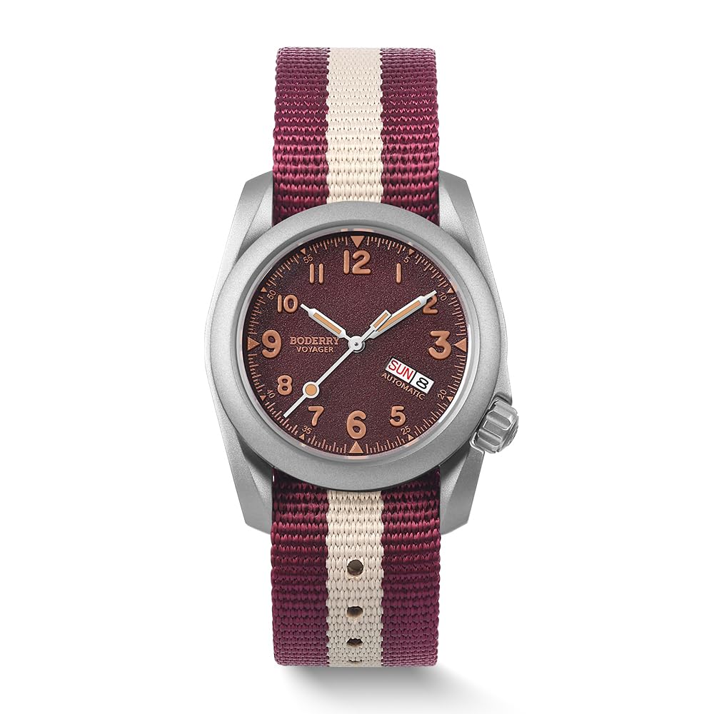 BODERRY Orologio Uomo Automatico Titanio – 40mm Orologio da Campo Militare, Movimento Meccanico Giapponese, Funzione Giorno-Data, Corona a Vite, Impermeabile 100m, Cinturino in Nylon – VOYAGER
