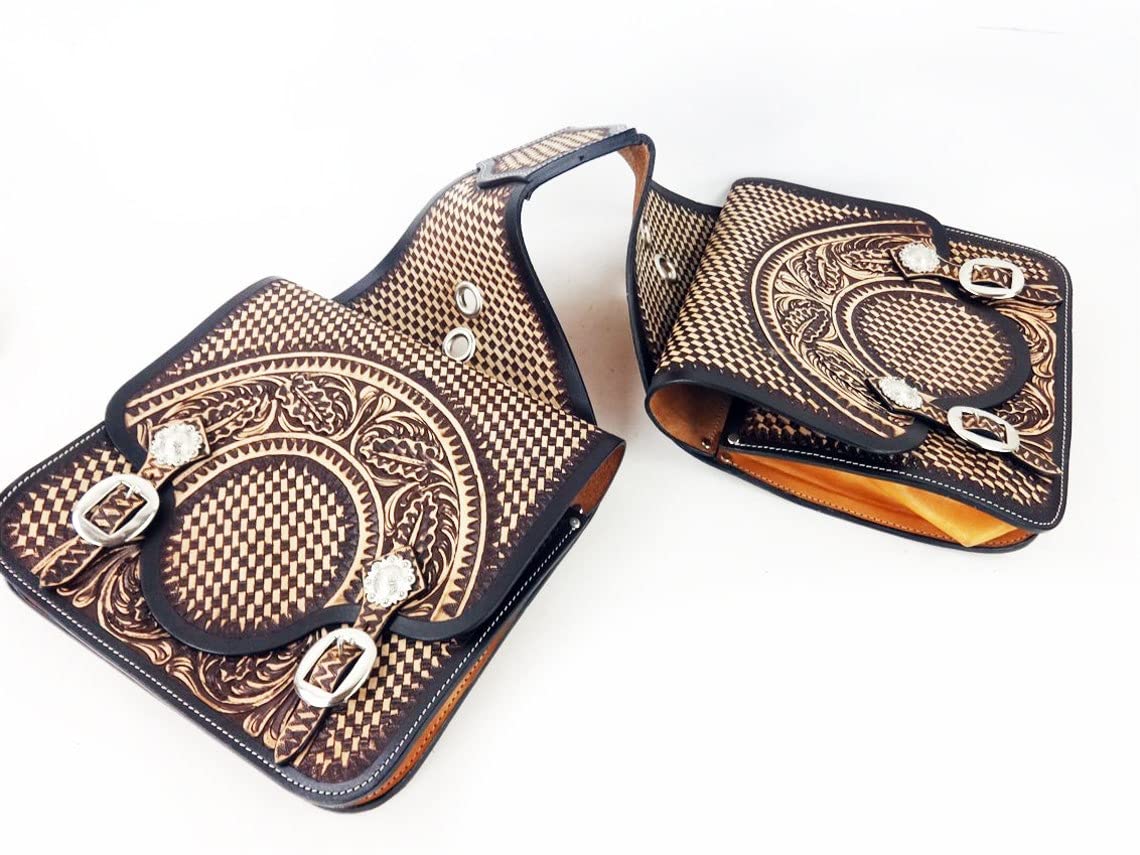 HUMAYL SADDLERY Horse Saddle Bag Western Cowhide Genuine Leather Equestrian Trail Tooling Carving Tooled Carved Pack Equipment Horse Saddle Bags Size: 10” L x 10” W x 3 ½” D inches, BAG172
