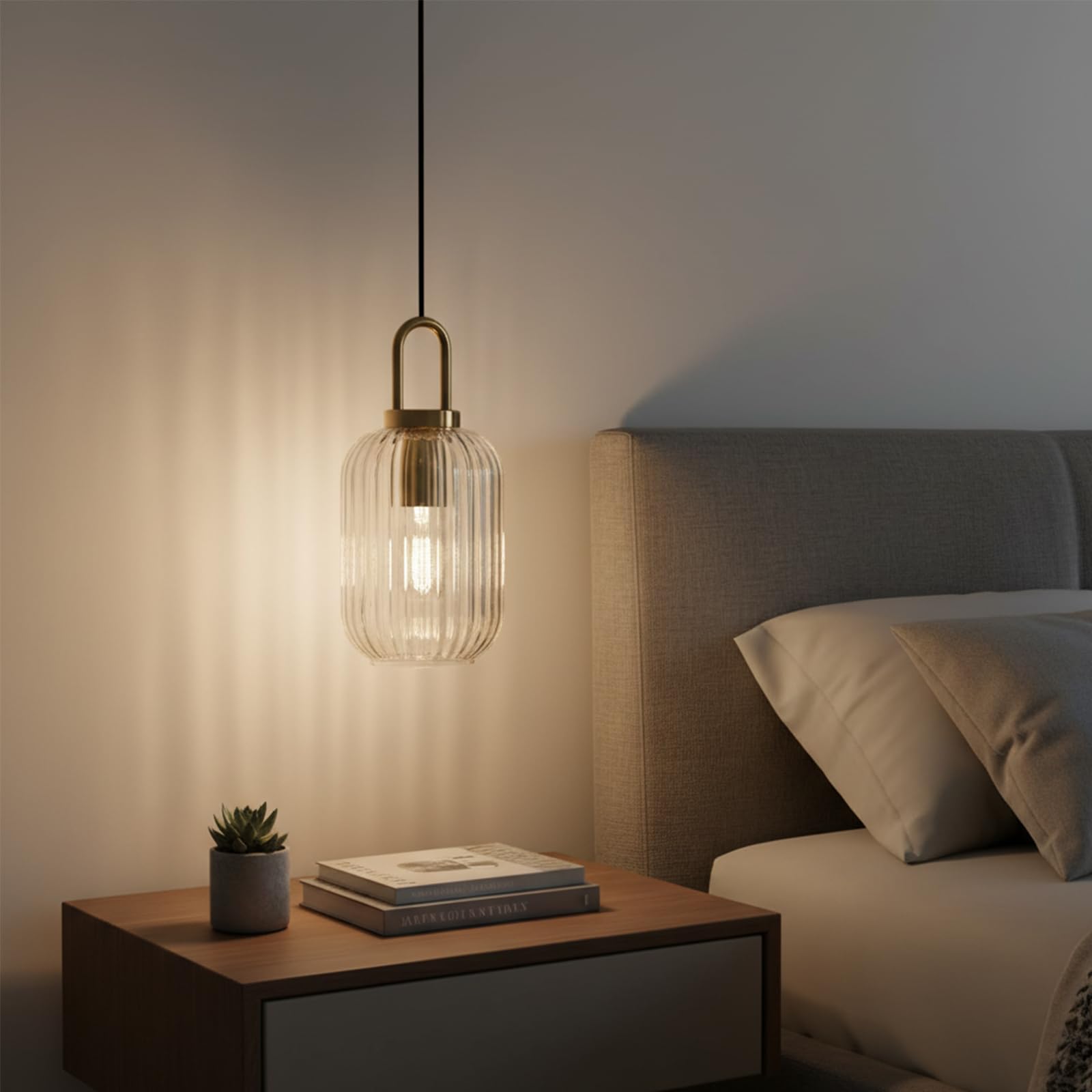 EKSED Lámpara colgante de vidrio transparente con acabado en oro bronce, lámpara colgante de luz de techo retro moderna para mesita de noche, mesa de comedor, isla de cocina (140 mm)