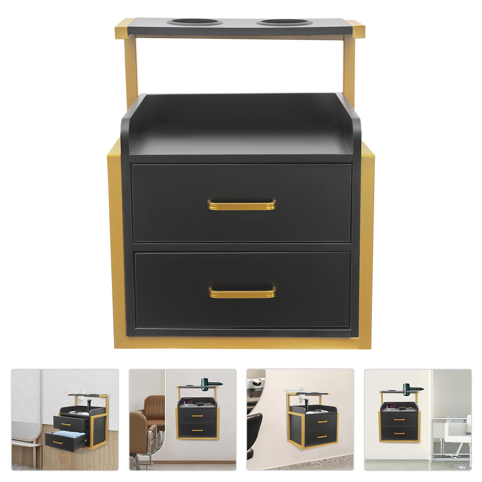 Salon Wandschrank mit Foehnhalter Friseurschrank Schwarz Gold Friseur Bedienplatz wandmontiert Kosmetikschrank mit 2 Schubladen Haarsalon Werkzeugschrank 50kg Tragkraft Friseureinrichtung