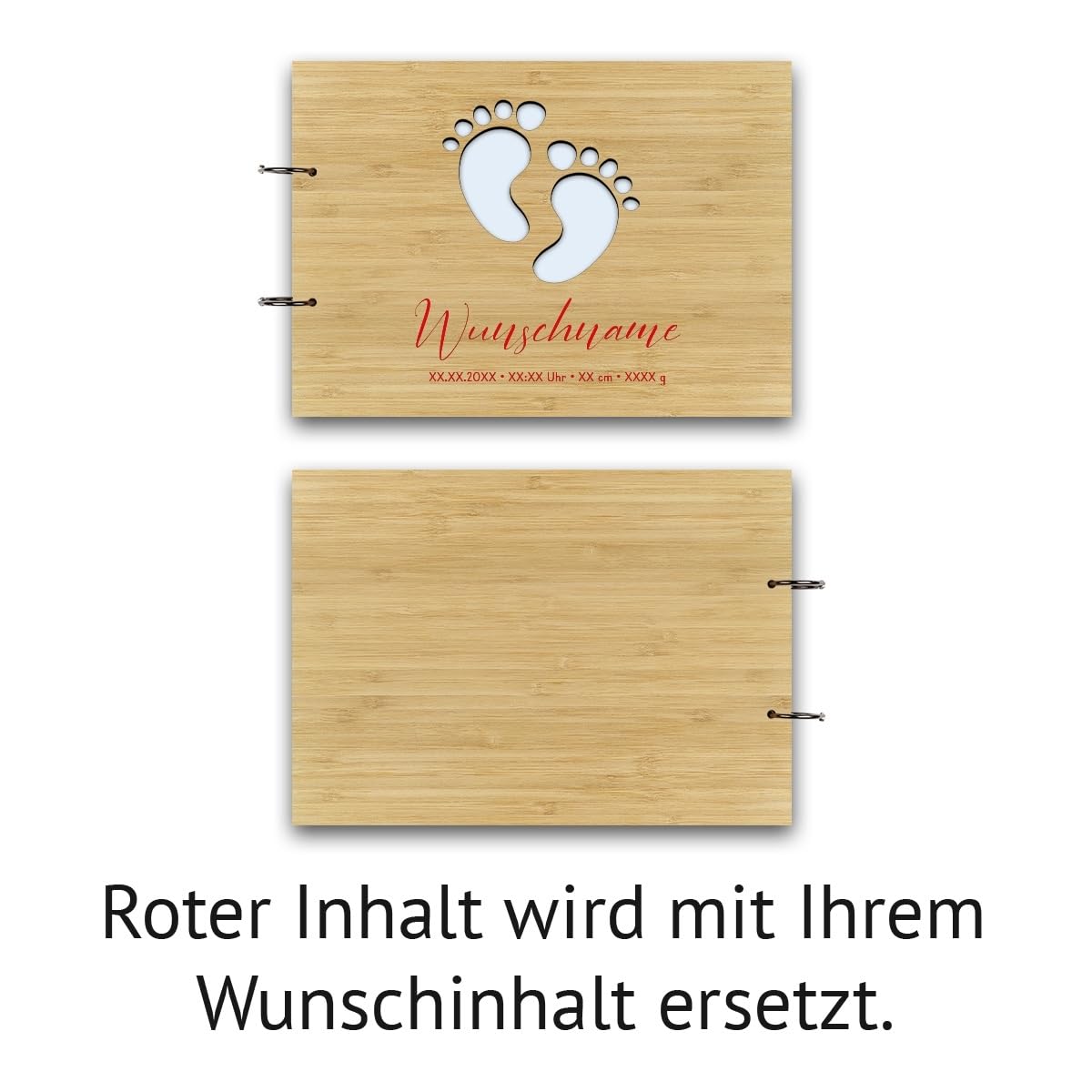 Personalisiertes Geburt Gästebuch echtes Holz DIN A4 Erinnerungsbuch mit Lasergravur - Fußabdrücke - mit 72 Blatt / 144 Seiten Naturpapier Weiß