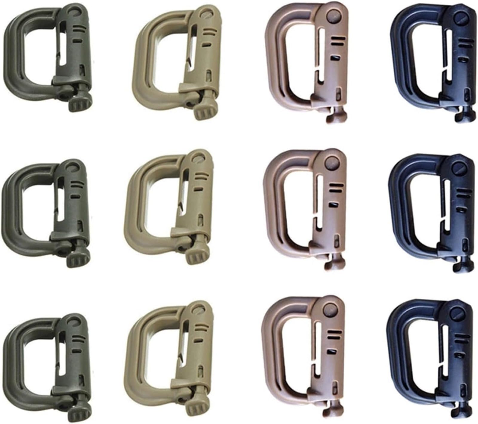Mosquetón táctico con anillo en D, paquete de 12 clips de utilidad del sistema Molle, accesorios de plástico ligero de liberación rápida, para mochilas Molle, chalecos tácticos, camping, senderismo