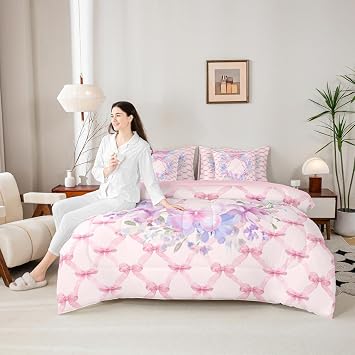 Feelyou Cute Pink Bow Comforter Set with Sheets 7 Piece Twin Size Personalized Initial Z Bedding Set for Kids Boys Girls Flowers Butterfly Bed in a Bag Room Decor Soft Lightweight Microfiber