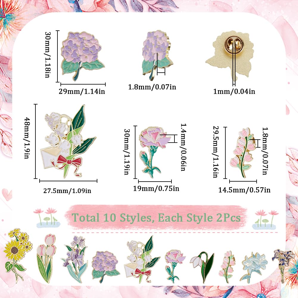 SUNNYCLUE 20Pcs 10 Styles Flower Enamel Pins Flowers Brooch Pin Bulk Metal Alloy Cartoon Plants Floral Sunflower Tulip Orchid Lapel Brooches for DIY Badges Clothing Jacket Bags Decoration Accessories
