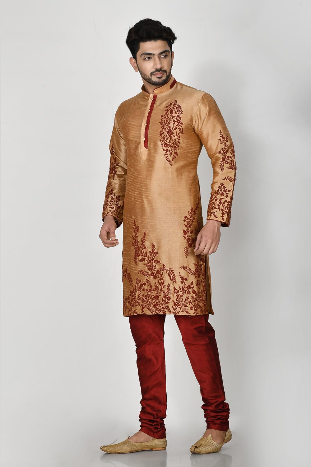 RANAK Rose Gold Dupion Silk Kurta Pajama for Men | Resham Embroidery | Elegant Ethnic Wear for Wedding Guests (VLSMKP364_RG Size - 36) 2