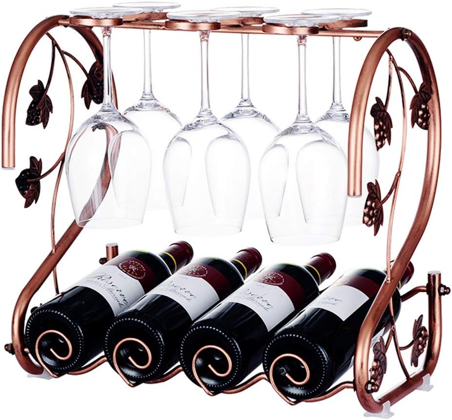 Freestanding Metal Wine Rack with Storage for 4 6 Glasses Top Bottle Holder No Assembly Required Hanging Cup Holders Included