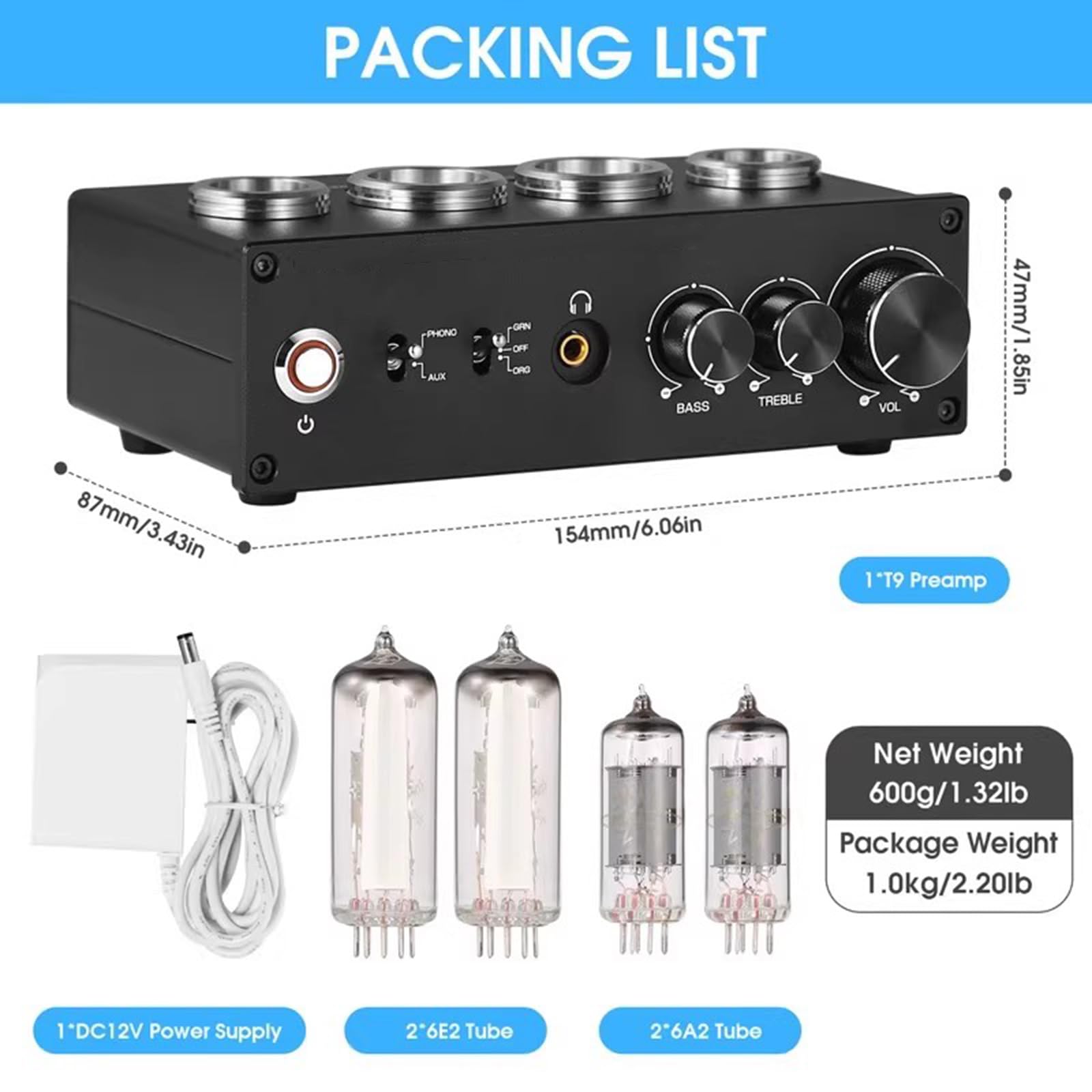 Preamplificatore Phono a Valvole, Preamplificatore per Giradischi/Lettore MM, con Gain Gear, Manopola di Controllo del Volume, Uscita Stereo L/R/RCA/Jack da 3,5 Mm