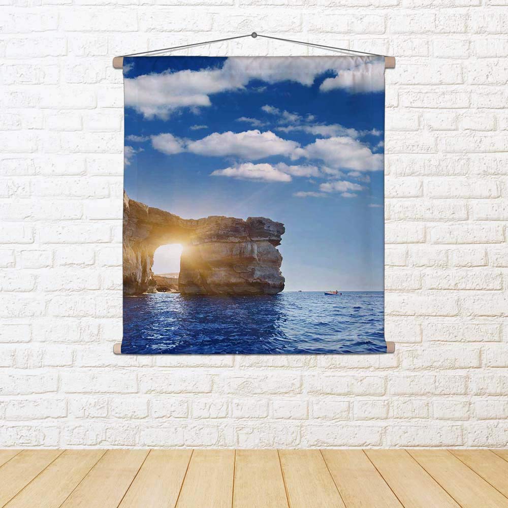 ArtzFolio Stone Arch On Gozo Island, Dwejra, Malta Canvas Fabric Painting Tapestry | Scroll Art Hanging 48 x 50.3 inch (122 x 128 cms)