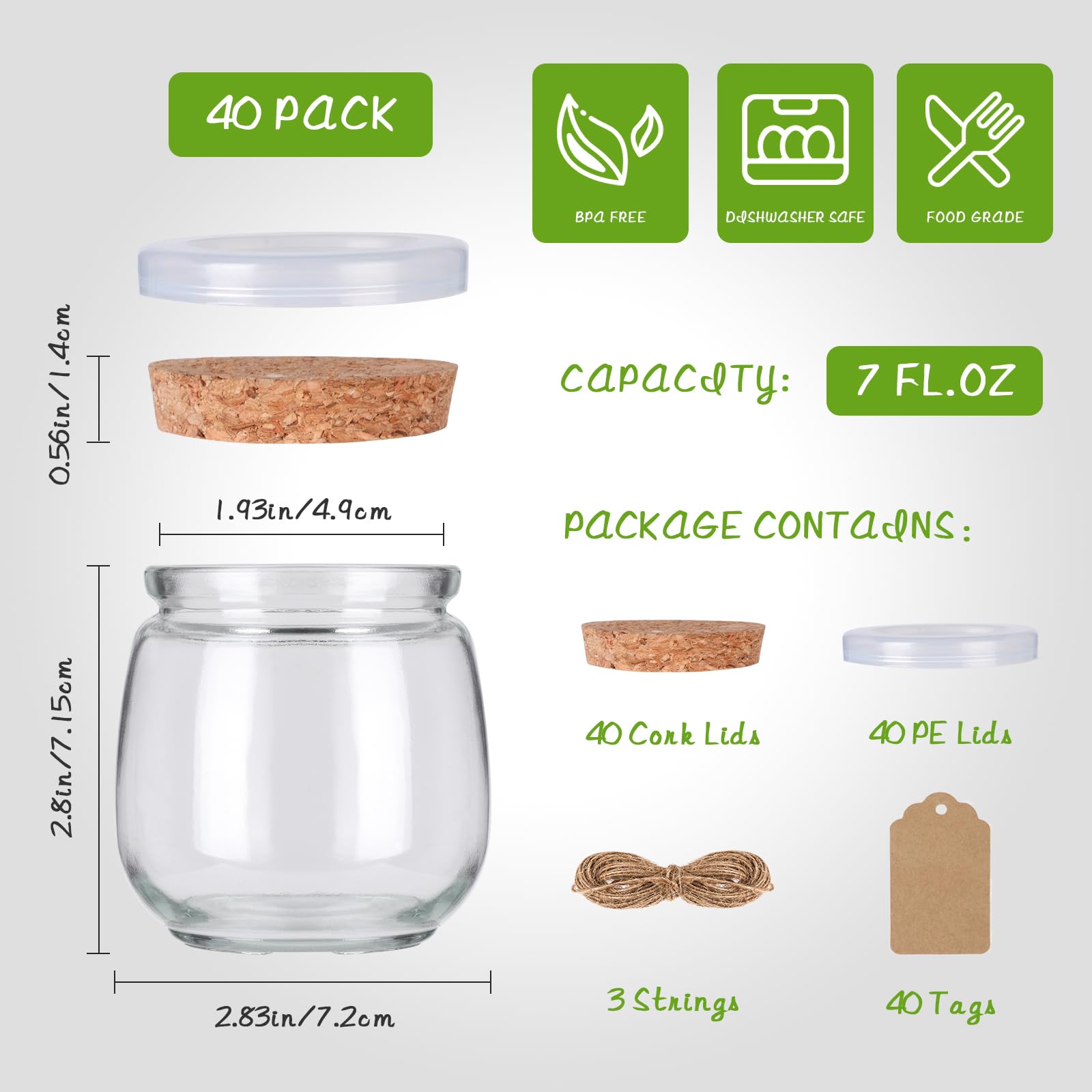 Paquete de 40 tarros de yogur de vidrio de 7 onzas con tapas de corcho y tapas de polietileno, tarros de vidrio pequeños para pudín, tarros de vidrio para recuerdos de boda, leche, mermeladas