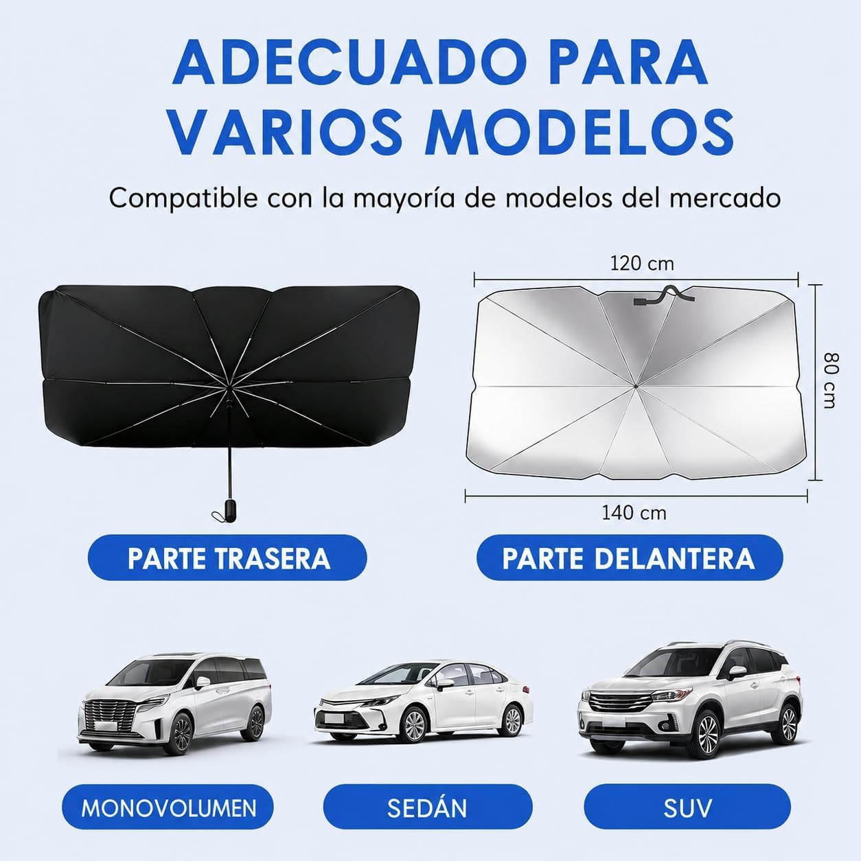HIBRON Parasol Coche Tipo Paraguas Plegable, Protector Solar para Parabrisas Delantero, Reflectante Térmico, Fácil de Instalar y Guardar, Universal para SUV Sedan MPV, 140x80cm(Pack x 4)