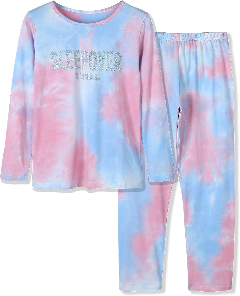 Beezizac Girls' 100% Cotton Pajama Set, Tie-Dye with Various Prints, 4T–18 | 2pc Set, Classic Crewneck Top, Elastic-Waist Pants, Breathable Pure Cotton, For Little Girls, Big Girls, Tweens & Teen