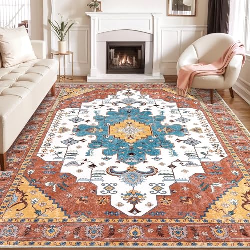 SERISSA Boho 8x10 Area Rugs Orange, Washable Vintage Large Living Room Rug Non-Slip, Ultra Soft Oriental Print Distressed Farmhouse Carpet for Dining Room Bedroom Dorm Office Home Decor