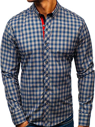 BOLF Hombre Camisa A Cuadros Manga Larga Cuello Americano Slim Fit Estilo Casual 8835 Azul Oscuro-Amarilla M [2B2]