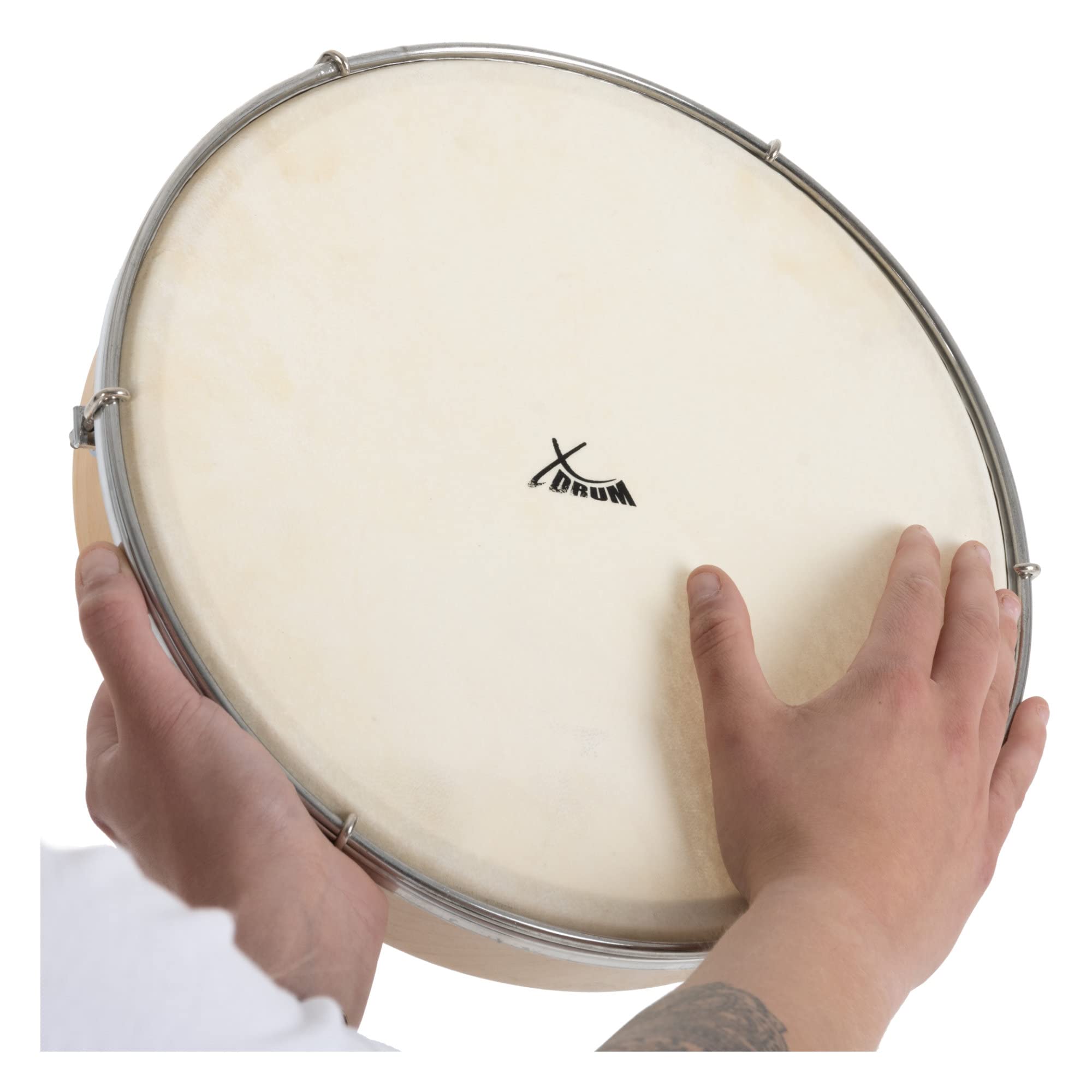XDrum HTM-12S 12" Handtrommel mit Natur-Fell 3x Set - Rahmentrommel mit Naturfell - Stimmbar mit 6 Spannhaken - Holzrahmen aus Ahorn - Ergonomischer Griff - Natur